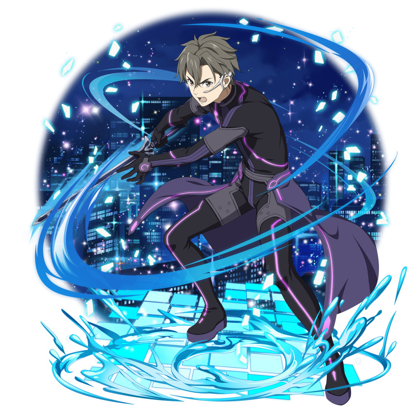 1boy augma black_bodysuit bodysuit brown_eyes cape eiji_(sao) hair_between_eyes hair_intakes highres holding holding_sword holding_weapon male_focus official_art open_mouth purple_cape shiny shiny_hair silver_hair solo spiky_hair sword sword_art_online transparent_background waist_cape weapon