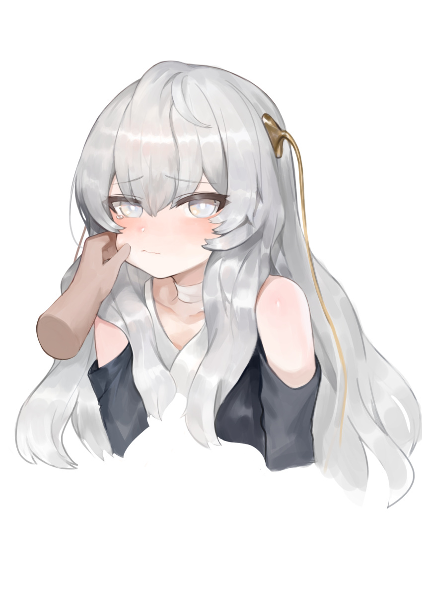 1girl bangs bare_shoulders black_dress blush cheek_pinching closed_mouth collarbone commentary_request cropped_torso dokomon dress eyebrows_visible_through_hair girls_frontline grey_eyes grey_hair hair_between_eyes hair_ornament highres korean_commentary long_hair looking_at_viewer pinching ribeyrolles_1918_(girls_frontline) simple_background solo_focus tears upper_body wavy_mouth white_background