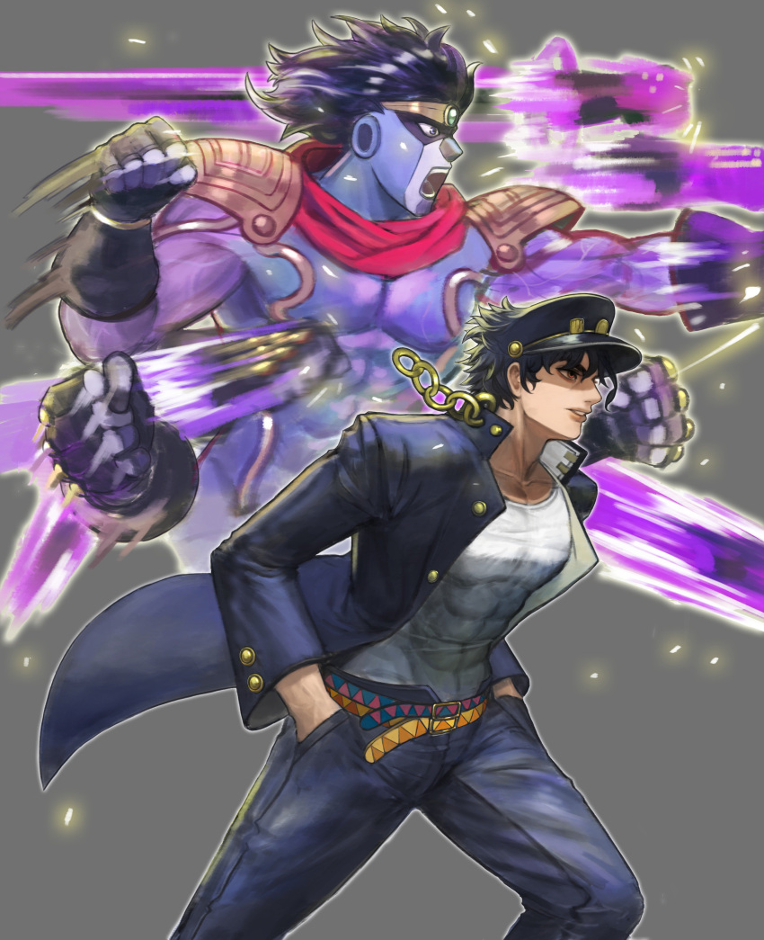 1boy absurdres belt black_gloves black_hair blue_coat blue_headwear chain coat collarbone covered_navel deepmaru fingerless_gloves gloves grey_background hands_in_pockets hat highres jojo_no_kimyou_na_bouken kuujou_joutarou muscle open_mouth orange_eyes parted_lips pauldrons punching simple_background star_platinum stardust_crusaders teeth veins violet_eyes