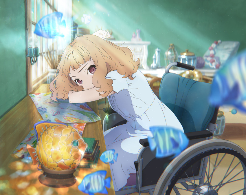 1girl bangs blunt_bangs blurry blurry_background blurry_foreground brown_eyes brown_hair dress fish highres jewelry josee_to_tora_to_sakana-tachi key_visual long_hair looking_at_viewer necklace official_art short_sleeves solo sunlight wheelchair