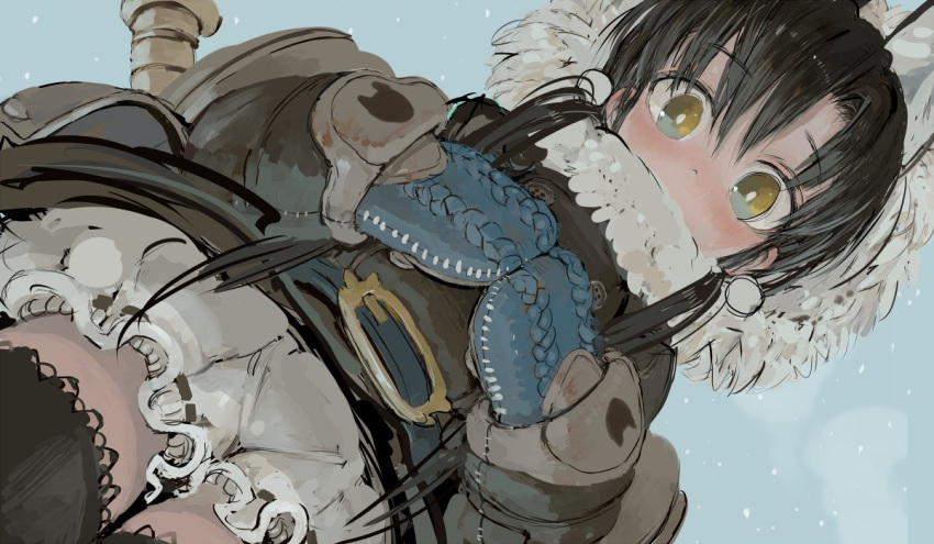 1girl belt black_hair black_legwear blue_background bright_pupils coat dutch_angle ebimomo eyebrows_visible_through_hair from_below long_sleeves looking_at_viewer looking_down mittens original pouch ribbed_gloves solo thigh-highs