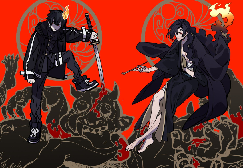 2boys bandaged_leg bandages black_footwear black_hair black_jacket black_kimono black_legwear black_nails blood blood_on_face bloody_hands closed_mouth fingernails fire frown hair_between_eyes highres holding holding_pipe holding_sword holding_weapon injury jacket japanese_clothes katana kimono konbumeshi long_hair male_focus multiple_boys original pipe red_background shaded_face sleeves_past_wrists smile stabbed stepped_on sword toenails weapon