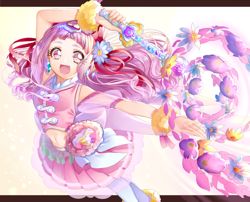 1girl :d crop_top cure_yell detached_sleeves earrings floating_hair hair_ornament hair_ribbon heart heart_hair_ornament highres holding holding_staff hugtto!_precure jewelry long_hair looking_at_viewer midriff miniskirt navel open_mouth outstretched_arm pink_eyes pink_hair pink_skirt pink_sleeves pleated_skirt precure red_ribbon ribbon shiny shiny_hair short_sleeves simple_background skirt smile solo staff stomach very_long_hair white_background white_legwear yuutarou_(fukiiincho)