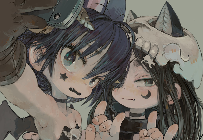 2girls \n/ animal_ears armpits bare_shoulders black_choker black_hair blush bright_pupils brown_gloves cellphone choker closed_mouth ears_through_headwear ebimomo eyepatch facial_mark fang fang_out flat_chest gloves grey_background grey_eyes hair_between_eyes hat highres holding holding_phone looking_at_viewer multiple_girls one_eye_covered parted_lips phone purple_hair self_shot simple_background smartphone smile wavy_mouth wings