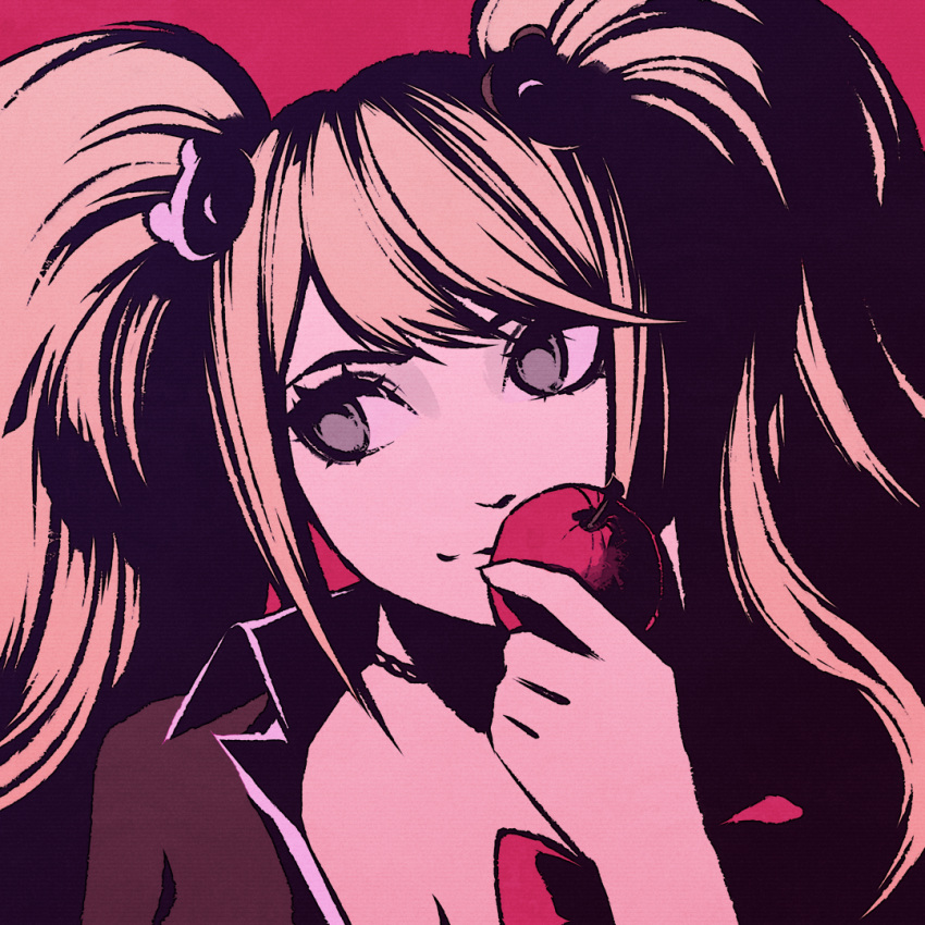 1girl black_shirt blonde_hair bunny_hair_ornament collared_shirt dangan_ronpa dangan_ronpa_1 enoshima_junko grey_eyes hair_ornament holding jewelry long_hair looking_to_the_side moshimoshibe necklace portrait red_background shirt solo twintails very_long_hair wing_collar