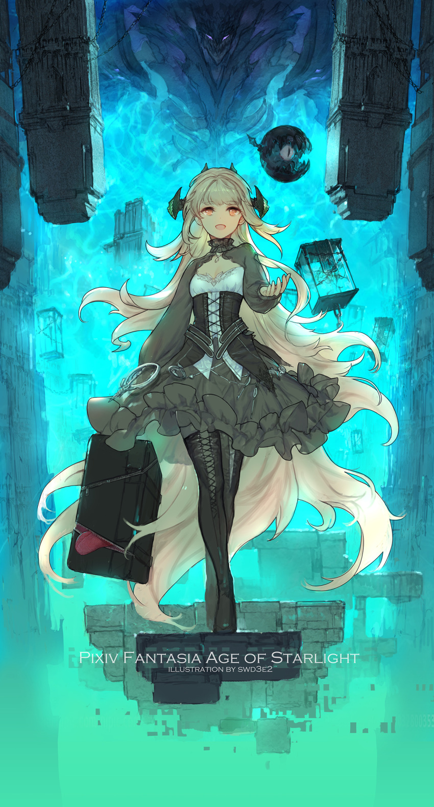 1girl arm_up artist_name bangs black_dress black_footwear blonde_hair boots breasts chain commentary copyright_name corset cross-laced_footwear dress eyebrows_visible_through_hair fantasy full_body highres horns jewelry key long_hair long_sleeves necklace orange_eyes pantyhose pixiv_fantasia pixiv_fantasia_age_of_starlight solo standing suitcase swd3e2 thigh-highs thigh_boots very_long_hair