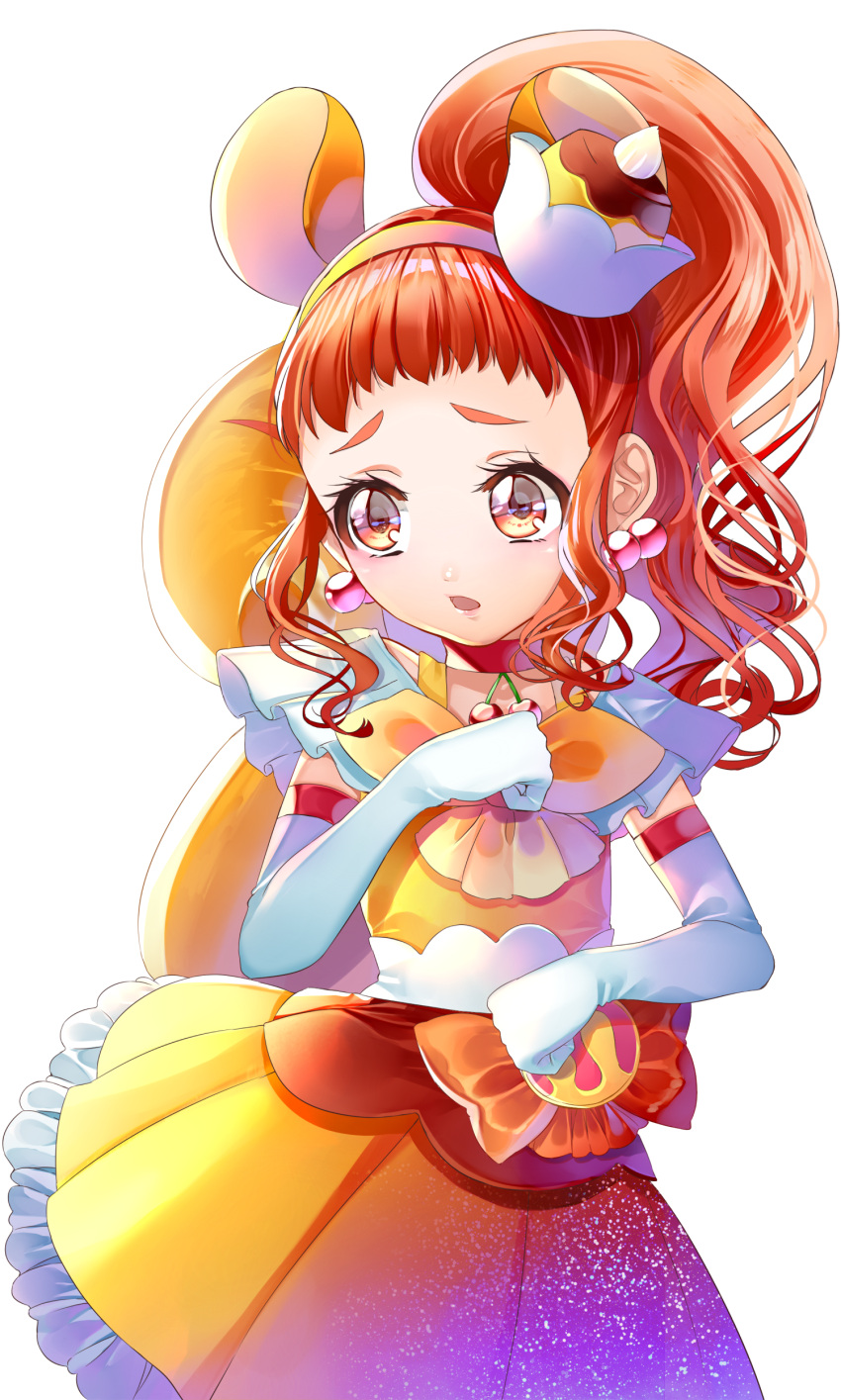1girl absurdres animal_ears brown_eyes capelet choker collarbone cowboy_shot cure_custard earrings elbow_gloves frilled_skirt frills gloves hairband hat high_ponytail highres jewelry kirakira_precure_a_la_mode long_hair mini_hat miniskirt open_mouth orange_hair pink_hairband pleated_skirt precure raccoon_ears raccoon_girl raccoon_tail shiny shiny_hair side_ponytail simple_background skirt solo standing tail white_background white_gloves yellow_skirt yuutarou_(fukiiincho)
