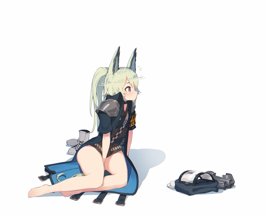1girl animal_ears arknights barefoot blonde_hair boots_removed ce-_-3 coat grani_(arknights) horse_ears horse_tail overcoat pauldrons ponytail sitting solo tail violet_eyes yokozuwari