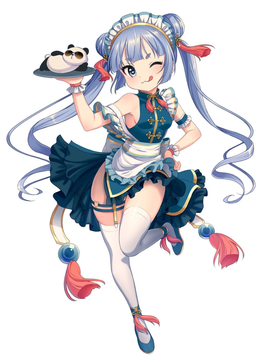 1girl ;) armband bangs blunt_bangs breasts copyright_request double_bun full_body garter_straps hand_on_hip highres licking_lips light_blue_hair mole mole_under_eye one_eye_closed panda simple_background sleeveless small_breasts smile solo standing standing_on_one_leg tassel thigh-highs tongue tongue_out tsukana_(saba_mizore) twintails waitress white_background white_legwear