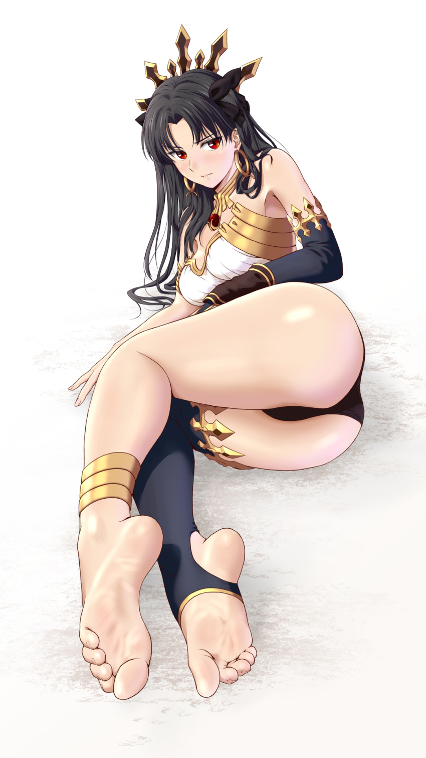 1girl artist_request black_hair blush breasts commentary fate/grand_order fate_(series) highres ishtar_(fate)_(all) ishtar_(fate/grand_order) legs looking_at_viewer lying red_eyes shiny shiny_skin simple_background soles white_background