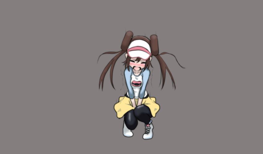 1girl absurdres bangs between_legs black_legwear blue_shirt blush breasts brown_background brown_hair closed_eyes collarbone commentary_request double_bun embarrassed full_body hand_between_legs hands_together hat have_to_pee highres long_hair mal_(malmlamal) mei_(pokemon) motion_lines nose_blush open_mouth pantyhose pink_headwear pink_legwear poke_ball_symbol poke_ball_theme pokemon pokemon_(game) pokemon_bw2 shirt shoes short_shorts shorts simple_background small_breasts socks solo squatting tears tied_hair tiptoes trembling twintails v_arms visor_cap white_footwear yellow_shorts