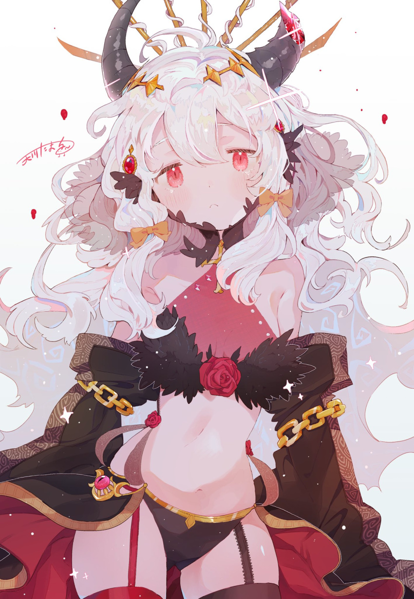 1girl bangs bare_shoulders bow breasts broken_horn chain commission cowboy_shot crown flower garter_straps gem gold_chain hair_between_eyes hair_bow highres horns long_hair looking_at_viewer midriff navel original red_eyes red_flower red_legwear red_rose rose small_breasts solo sparkle ten'non thigh-highs white_background white_hair yellow_bow