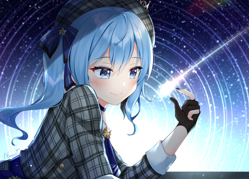 1girl artist_name blue_eyes blue_hair blue_nails blush choker closed_mouth eyebrows_visible_through_hair from_side gloves hair_between_eyes hololive hoshimachi_suisei long_hair lying nail_polish naomi_(fantasia) on_stomach partly_fingerless_gloves shooting_star side_ponytail signature sky smile solo star star_(sky) star_in_eye star_trail starry_sky symbol_in_eye virtual_youtuber