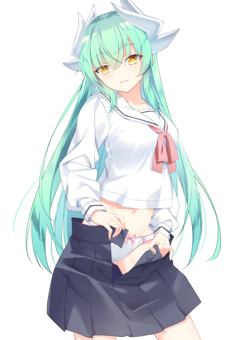 1girl blue_skirt blush breasts collarbone commentary dragon_girl dragon_horns eyebrows_visible_through_hair fate/grand_order fate_(series) highres horns kiyohime_(fate/grand_order) long_hair long_sleeves looking_at_viewer medium_breasts open_clothes open_skirt panties rx7649 shirt simple_background skirt smile solo underwear white_background white_panties white_shirt yellow_eyes