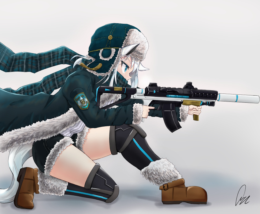 1girl animal_ears artist_request black_jacket black_legwear black_scarf black_shorts blue_eyes brown_footwear commentary_request from_side fur_trim grey_hair gun hat highres holding holding_gun holding_weapon jacket kneeling long_sleeves original scarf shoes short_shorts shorts solo tail thigh-highs weapon white_hair