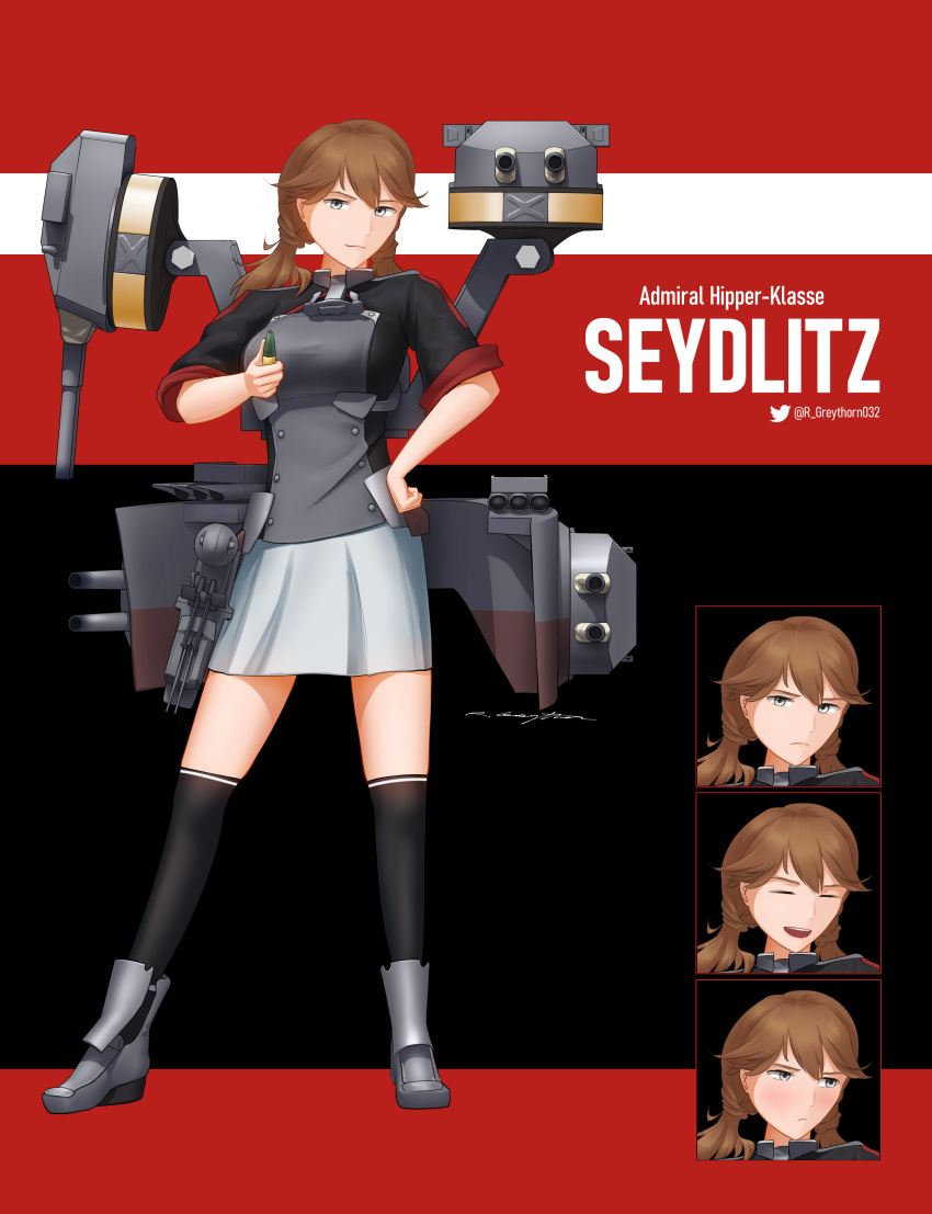 1girl :d absurdres ammunition anchor black_legwear blush brown_hair cannon character_name closed_eyes commentary expressions full_body grey_eyes greythorn032 hand_on_hip highres kneehighs looking_at_viewer open_mouth original rigging signature skirt smile solo standing turret twintails twitter_username white_skirt world_of_warships