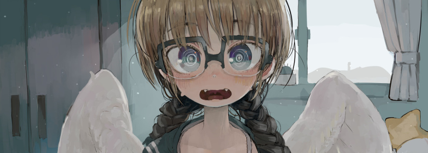 1girl angel angel_wings bangs blue_eyes blush braid brown_hair cactus curtains day ebimomo eyebrows_visible_through_hair fangs glasses highres indoors jacket long_hair open_clothes open_jacket open_mouth original solo tank_top twin_braids window wings