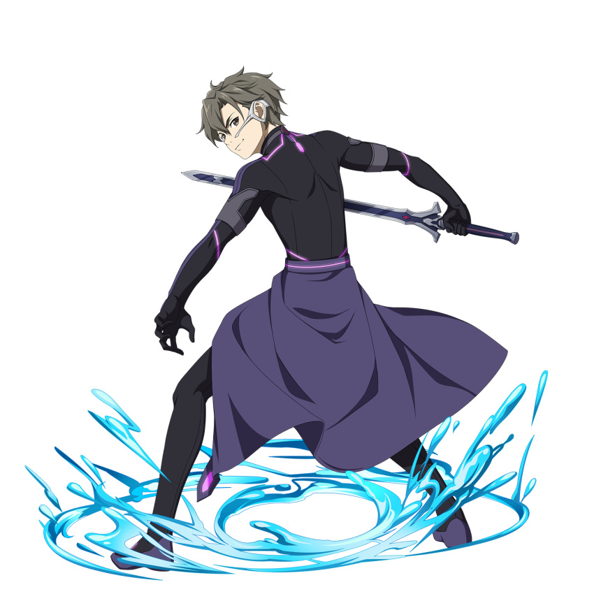 1boy augma black_bodysuit bodysuit brown_eyes cape closed_mouth eiji_(sao) hair_between_eyes hair_intakes highres holding holding_sword holding_weapon male_focus official_art purple_cape shiny shiny_hair silver_hair smile solo sword sword_art_online transparent_background waist_cape weapon