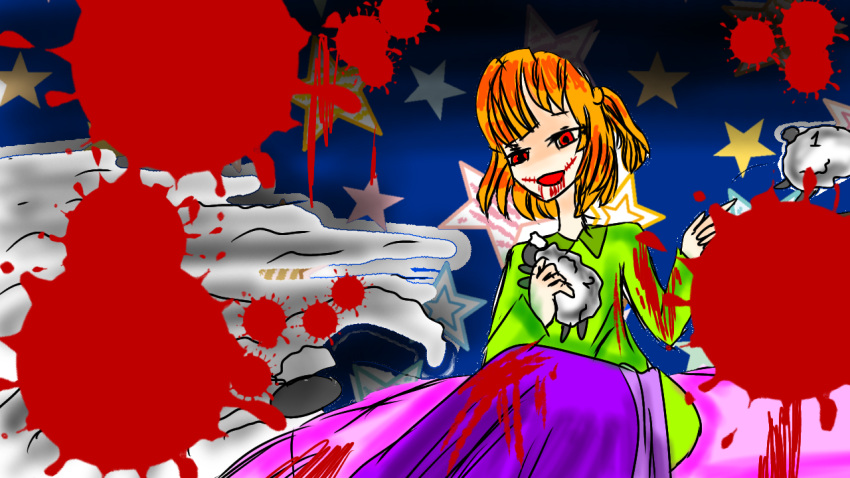 1girl animal blanket blood blood_from_mouth blood_splatter collar collared_shirt counting dark eyebrows green_shirt holding holding_animal open_eyes open_mouth orange_hair original shaded_face shadow sheep shirt short_hair star throwing yukari_meiji