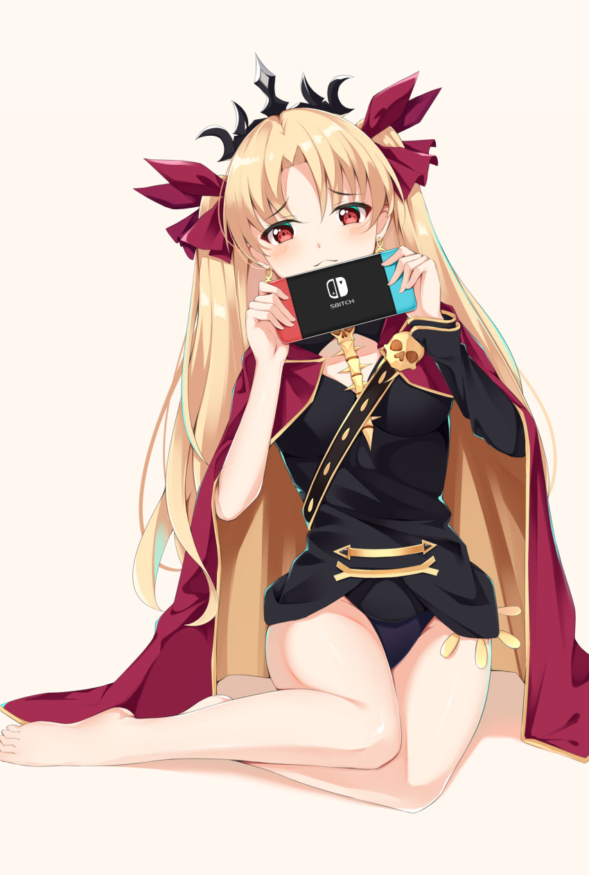 1girl absurdres bangs blonde_hair blush bow breasts cape commentary_request earrings ereshkigal_(fate/grand_order) eyebrows_visible_through_hair fate/grand_order fate_(series) hair_ribbon highres holding_handheld_game_console jewelry long_hair looking_at_viewer nintendo_switch parted_bangs red_eyes ribbon simple_background sitting skull smile solo tiara tming two_side_up very_long_hair white_background
