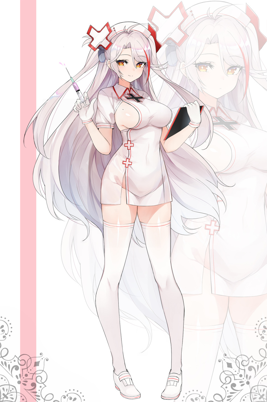 1girl antenna_hair azur_lane bangs breasts brown_eyes clipboard closed_mouth commentary_request covered_navel eyebrows_visible_through_hair floating_hair full_body gloves hair_between_eyes hat headgear highres iron_cross large_breasts long_hair looking_at_viewer luse_maonang mole mole_on_breast multicolored_hair nurse nurse_cap prinz_eugen_(azur_lane) redhead short_sleeves sideboob silver_hair smile standing streaked_hair swept_bangs syringe thigh-highs two_side_up very_long_hair white_footwear zoom_layer