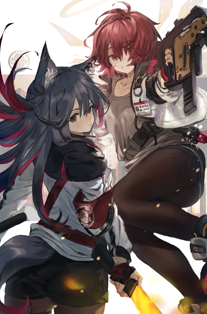 2girls absurdres animal_ear_fluff animal_ears arknights armband ass black_hair brown_eyes brown_legwear commentary earrings exusiai_(arknights) from_behind grin gun hair_over_one_eye highres id_card jewelry long_hair looking_at_viewer looking_back multiple_girls pantyhose red_eyes redhead short_hair siki_00 smile sword tail texas_(arknights) weapon wolf_ears wolf_tail