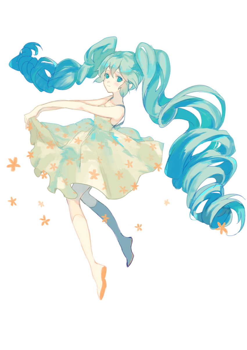 1girl bare_arms bare_shoulders blue_eyes blue_hair blush breasts collarbone colored_eyelashes curly_hair dot_nose dress eyelashes floating floating_hair floral_print flower full_body hair_between_eyes happy hatsune_miku highres knees_together_feet_apart long_hair orange_flower run_(sweettimehappy) shiny shiny_hair short_dress sidelocks simple_background skirt_hold sleeveless sleeveless_dress small_breasts smile soles solo thigh-highs twintails very_long_hair vocaloid white_background white_dress white_legwear