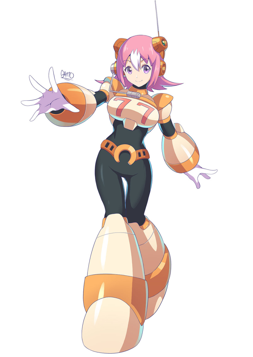 1girl android breasts full_body hair_between_eyes headset highres microphone multicolored_hair nana_(rockman) official_style outstretched_arm pink_hair robot_ears rockman rockman_x short_hair shoutaro_saito signature simple_background smile solo standing two-tone_hair violet_eyes white_background white_hair