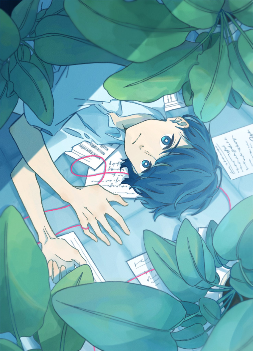 1boy blue_eyes blue_hair collared_shirt expressionless highres leaf looking_at_viewer lying original paper pink_string plant sheet_music shirt short_hair short_sleeves solo string white_shirt yutsukidayo