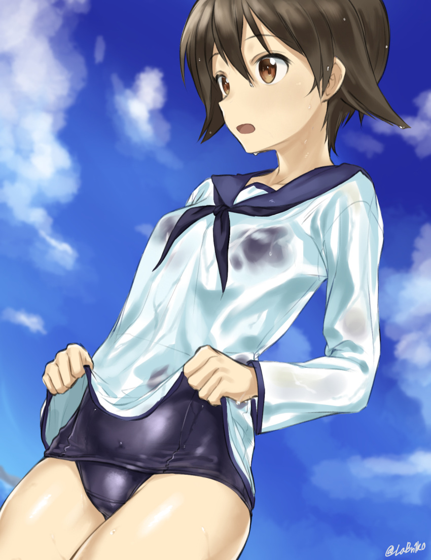 1girl black_neckwear blue_sailor_collar blue_sky blue_swimsuit brown_eyes brown_hair clouds day fankupl highres miyafuji_yoshika neckerchief no_pants outdoors sailor_collar sailor_shirt school_swimsuit school_uniform see-through shirt shirt_lift sky solo strike_witches swimsuit wet wet_clothes wet_swimsuit world_witches_series