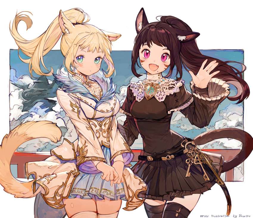 1girl 2girls absurdres animal_ears belt black_legwear black_skirt blue_eyes blush brown_hair cat_ears cat_tail clouds cloudy_sky facial_mark fang final_fantasy final_fantasy_xiv fur_trim highres key long_hair miqo'te mole mole_under_mouth multiple_girls open_mouth pink_eyes ponytail rosette_(yankaixuan) signature skirt sky smile tail thigh-highs waving white_background white_legwear