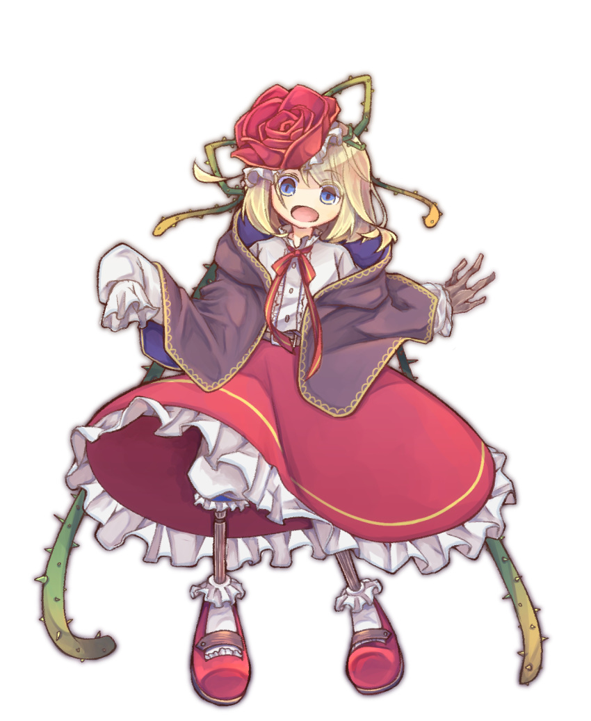 1girl bangs belt blonde_hair blue_eyes branch brown_belt center_frills collared_shirt empty_eyes english_commentary flower flower_on_head frilled_shirt_collar frilled_skirt frills full_body hair_ribbon head_tilt highres imagawa_(imaima2535) long_sleeves looking_at_viewer mary_janes medium_hair monster_girl neck_ribbon open_mouth original outline plant_girl poncho red_flower red_footwear red_ribbon red_rose red_skirt ribbon rose shirt shoes sidelocks simple_background skirt sleeves_past_fingers sleeves_past_wrists socks solo swept_bangs thorns white_background white_legwear white_shirt