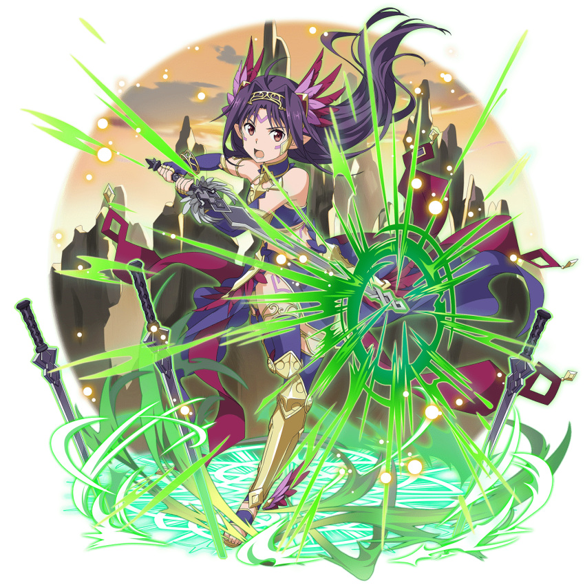 1girl ahoge bra cape choker elbow_gloves facial_mark feathers fingerless_gloves floating_hair gloves hair_feathers hair_intakes headband highres holding holding_sword holding_weapon long_hair looking_at_viewer open_mouth pink_feathers purple_bra purple_cape purple_gloves purple_hair purple_legwear red_eyes red_feathers shiny shiny_hair solo standing standing_on_one_leg strapless strapless_bra sword sword_art_online thigh-highs transparent_background tubetop underwear very_long_hair waist_cape weapon yuuki_(sao)