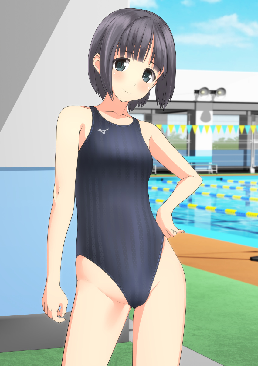 1girl absurdres black_eyes black_hair black_swimsuit blue_sky blurry clouds commentary_request competition_swimsuit contrapposto cowboy_shot day depth_of_field highres logo looking_at_viewer mizuno one-piece_swimsuit original outdoors pool short_hair sky smile solo string_of_flags striped striped_swimsuit swimsuit takafumi