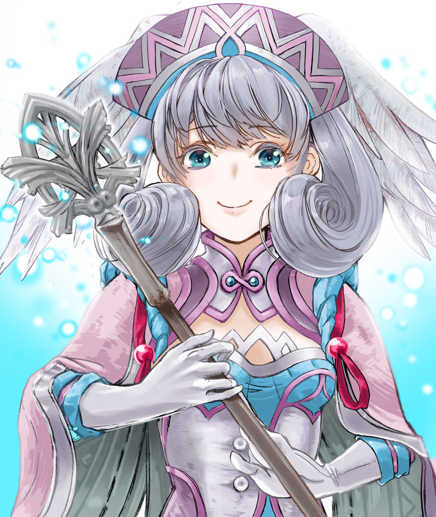 1girl absurdres blue_eyes breasts cape gloves hallu head_wings highres melia silver_hair smile twintails xenoblade_(series) xenoblade_1