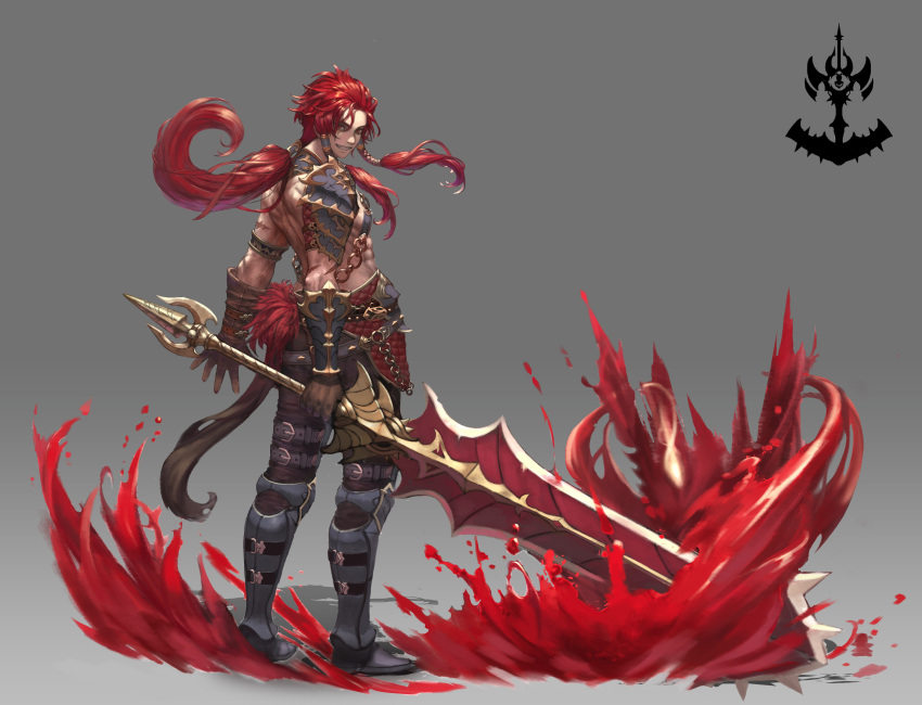 1boy abs absurdres armor blood brown_gloves deepmaru facial_scar gloves gradient gradient_background greatsword greaves highres holding holding_sword holding_weapon long_hair male_focus muscle original padded_armor pauldrons ponytail red_eyes redhead scar smile solo standing sword teeth torn_clothes weapon