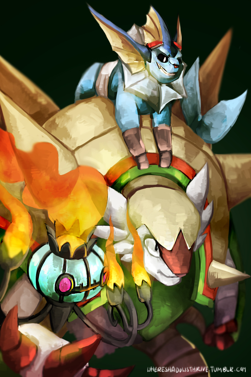 alternate_color black_background black_eyes chandelure chesnaught commentary creature defiant_drills english_commentary fire flame gen_1_pokemon gen_5_pokemon gen_6_pokemon highres on_shoulder pink_eyes pokemon pokemon_(creature) pokemon_on_shoulder riding riding_pokemon shiny_pokemon smile standing vaporeon watermark web_address