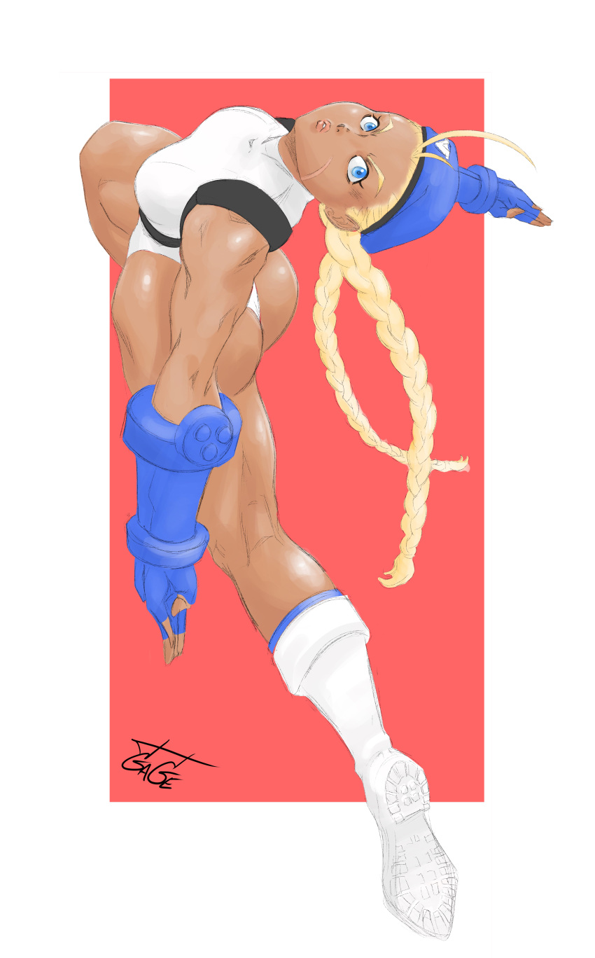 1girl absurdres alternate_color antenna_hair arched_back ass beret blonde_hair blue_gloves blue_headwear blue_legwear boots braid breasts cammy_white combat_boots commentary dark_skin english_commentary facial_scar full_body gage_199x gloves hat highres jumping kneepits leg_up leotard long_braid long_hair long_legs medium_breasts outstretched_arms player_2 scar scar_on_cheek socks solo street_fighter street_fighter_v thick_thighs thighs thong_leotard twin_braids white_footwear white_leotard