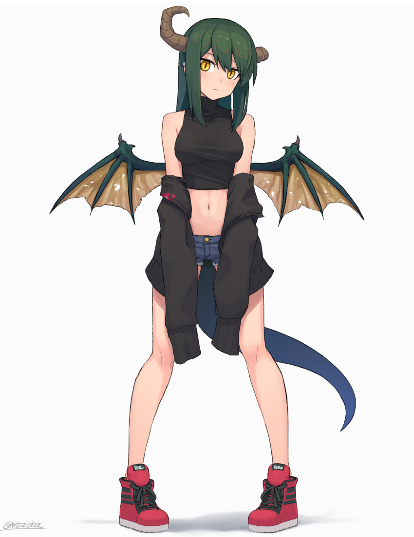 1girl bangs bare_legs black_jacket black_shirt blush breasts closed_mouth commentary_request crop_top denim denim_shorts dragon_girl dragon_horns dragon_tail dragon_wings full_body green_hair highres horns jacket long_hair long_sleeves medium_breasts midriff navel off_shoulder open_mouth original pigeon-toed red_footwear shirt shoes short_shorts shorts signature simple_background sleeveless sleeveless_shirt slit_pupils sneakers solo standing tail taut_clothes taut_shirt white_background wings wozora yellow_eyes