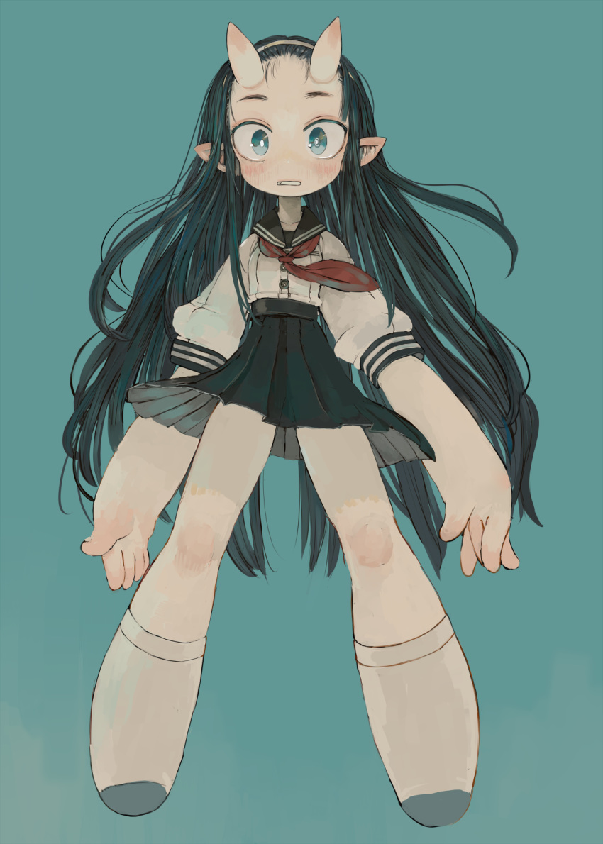 1girl arms_at_sides black_hair black_sailor_collar black_skirt blue_eyes blush bright_pupils ebimomo green_background highres horns legs_apart long_hair looking_at_viewer neckerchief oni_horns original parted_lips pleated_skirt pointy_ears puffy_short_sleeves puffy_sleeves red_neckwear sailor_collar school_uniform serafuku shirt short_sleeves simple_background skirt socks solo standing very_long_hair white_legwear white_shirt wide-eyed