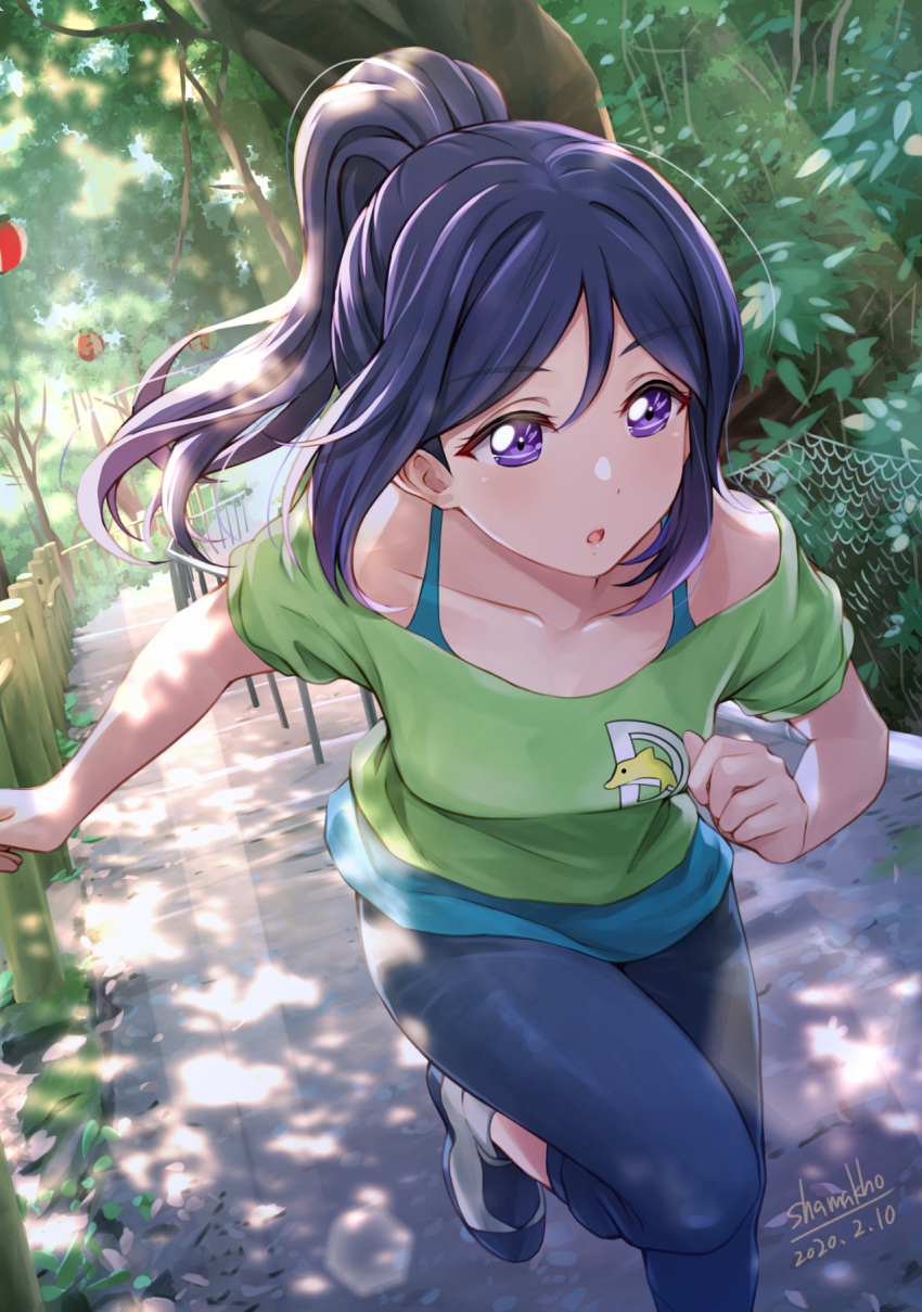 1girl :o artist_name blue_hair blue_pants collarbone commentary_request dated eyebrows_visible_through_hair green_shirt highres love_live! love_live!_sunshine!! matsuura_kanan outdoors pants ponytail running shamakho shirt shoes short_sleeves solo violet_eyes