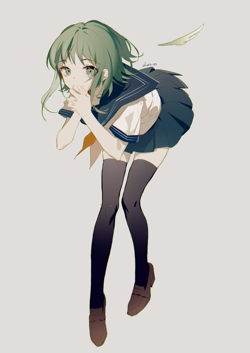 1girl absurdres alternate_costume bangs black_legwear blue_sailor_collar blue_skirt blunt_bangs brown_footwear commentary_request covering covering_mouth dot_nose eyebrows_visible_through_hair eyes_visible_through_hair fingernails floating full_body green_eyes green_hair grey_background gumi hands_clasped highres interlocked_fingers leaning leaning_forward light_smile loafers neckerchief orange_neckwear own_hands_together pleated_skirt sailor_collar school_uniform shirt shoes short_hair short_hair_with_long_locks short_sleeves sidelocks simple_background skirt solo thigh-highs uniform vocaloid white_shirt zettai_ryouiki zhibuji_loom