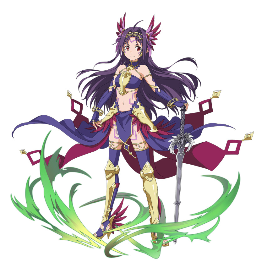 1girl ahoge bra bracelet cape choker closed_mouth collarbone elbow_gloves fingerless_gloves floating_hair full_body gloves hair_intakes hand_on_hilt headband high_heels highres jewelry long_hair looking_at_viewer midriff navel official_art purple_bra purple_cape purple_gloves purple_hair purple_legwear red_eyes shiny shiny_hair smile solo standing stomach strapless strapless_bra sword sword_art_online thigh-highs transparent_background tubetop underwear very_long_hair waist_cape weapon yuuki_(sao)