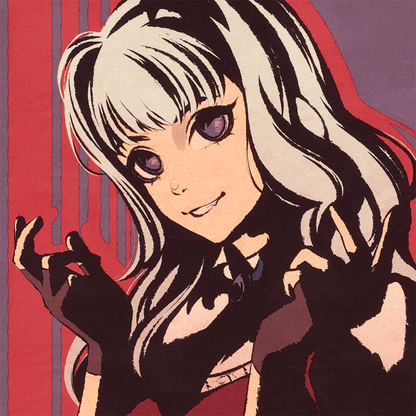 1girl black_gloves fang fang_out fingerless_gloves gloves grin idolmaster idolmaster_(classic) long_hair looking_at_viewer moshimoshibe shijou_takane silver_hair smile solo upper_body violet_eyes