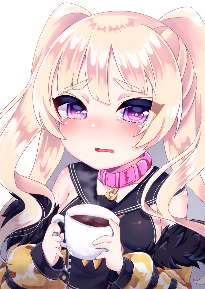 1girl absurdres azur_lane bache_(azur_lane) bangs black_sailor_collar black_shirt blonde_hair blush breasts chiitamu cup eyebrows_visible_through_hair fang fur-trimmed_jacket fur_trim highres holding holding_cup jacket long_hair long_sleeves looking_at_viewer medium_breasts neckerchief off_shoulder open_clothes open_jacket parted_lips pink_collar puffy_long_sleeves puffy_sleeves sailor_collar shirt simple_background sleeveless sleeveless_shirt solo steam tears thick_eyebrows two_side_up upper_body violet_eyes wavy_mouth white_background yellow_jacket yellow_neckwear