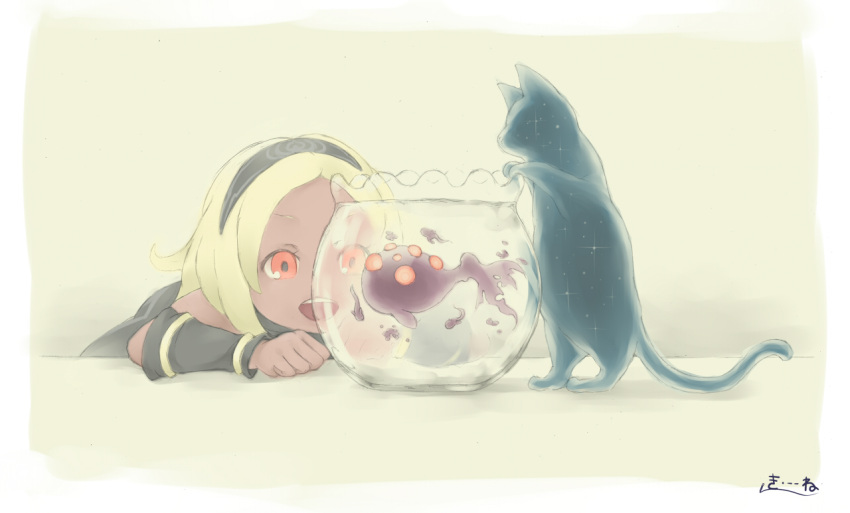 1girl blonde_hair commentary_request dark_skin dusty_(gravity_daze) fishbowl graphite_(medium) gravity_daze hairband kitten_(gravity_daze) long_hair open_mouth red_eyes scarf smile traditional_media