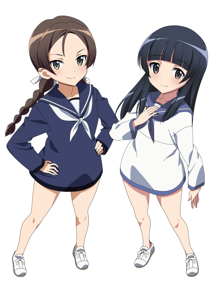 2girls bangs black_eyes black_hair blunt_bangs blush braid brave_witches brown_hair collarbone commentary freckles from_above green_eyes hair_ribbon hand_on_own_chest hands_on_hips highres kaneko_(novram58) long_hair looking_at_viewer looking_up misumi_miya multiple_girls ribbon school_uniform serafuku simple_background smile strike_witches twin_braids white_background world_witches_series yamakawa_michiko