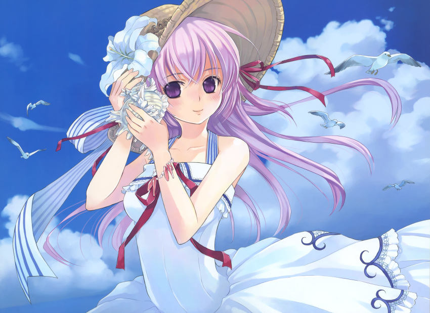 1girl absurdres bird blue_theme bracelet clouds day dress flower hat highres jewelry kuga_tsukasa long_hair original outdoors seashell shell shell_to_ear sky solo wind