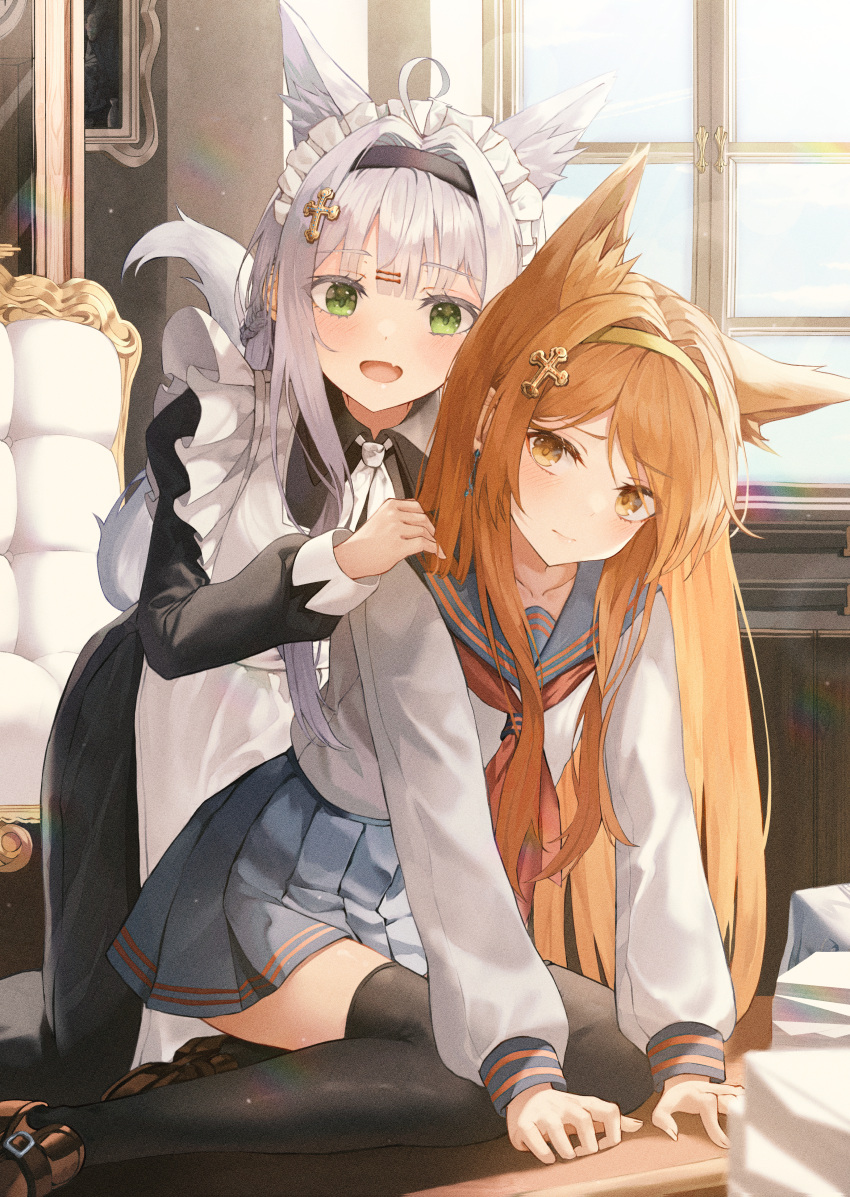 2girls :d absurdres animal_ear_fluff animal_ears apron bangs black_dress black_hairband black_legwear blue_skirt blunt_bangs blush brown_eyes brown_footwear closed_mouth cross_hair_ornament dress fang fox_ears fox_girl fox_tail green_eyes hair_ornament hairband hairclip hand_on_another's_shoulder highres kerno kneeling long_hair long_sleeves looking_at_viewer maid maid_headdress miniskirt multiple_girls neckerchief open_mouth orange_hair original pleated_skirt profile red_neckerchief revision school_uniform serafuku shirt silver_hair sitting skin_fang skirt smile tail thigh-highs very_long_hair white_apron white_shirt window yellow_hairband yokozuwari