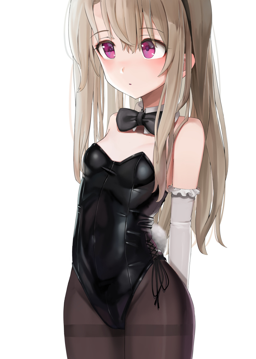 1girl bare_shoulders black_bow black_legwear blonde_hair blush bow breasts bunny_tail bunnysuit commentary_request elbow_gloves fake_tail fate/kaleid_liner_prisma_illya fate_(series) gloves hair_ornament highres illyasviel_von_einzbern long_hair pantyhose pink_eyes red_eyes simple_background small_breasts solo sunga2usagi tail white_background white_gloves